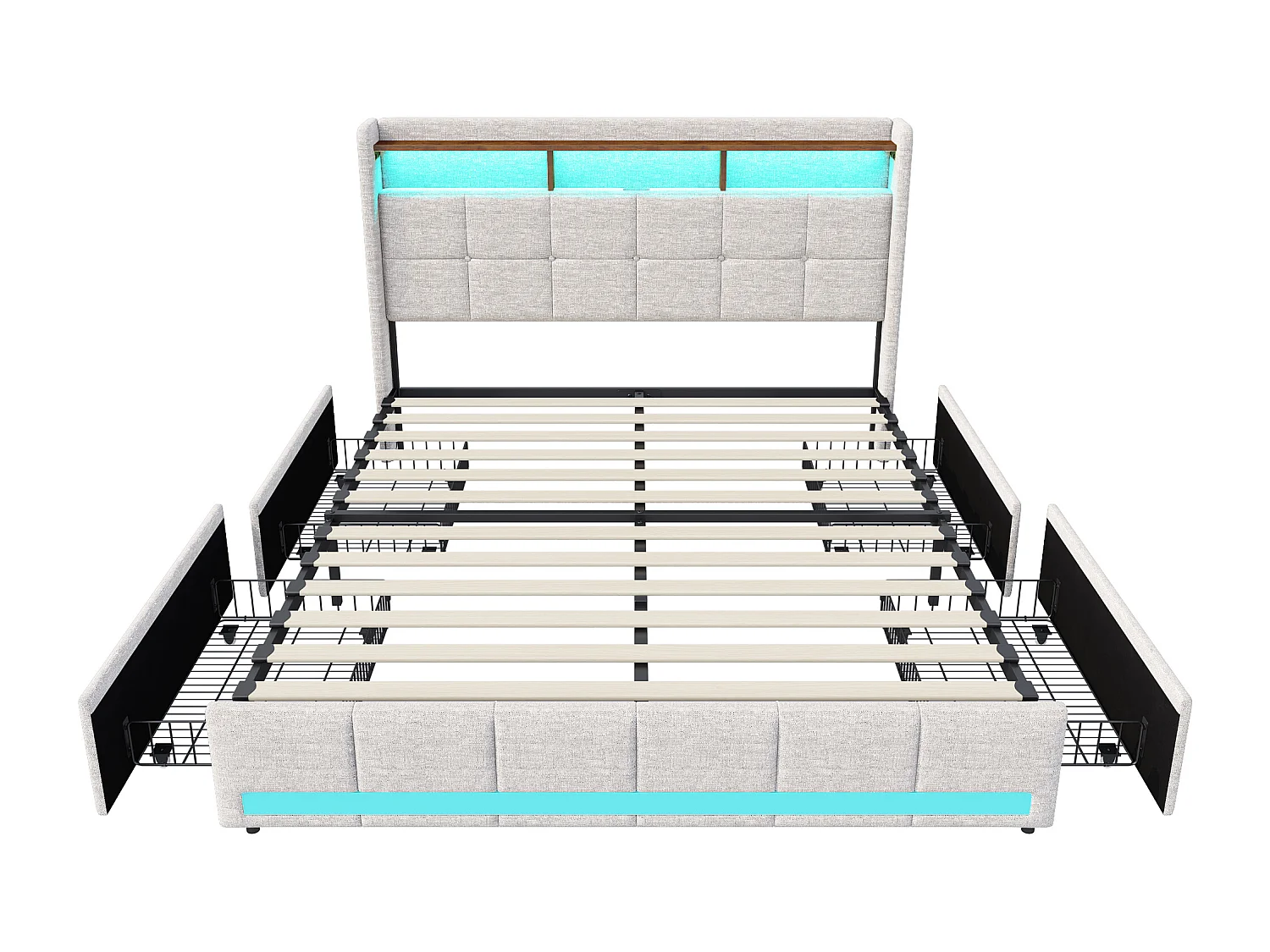 Lit double avec LED RGB, tête de lit avec rangements et ports USB/Type-C, 4 tiroirs de rangement, tissu en lin beige – 140x190 cm