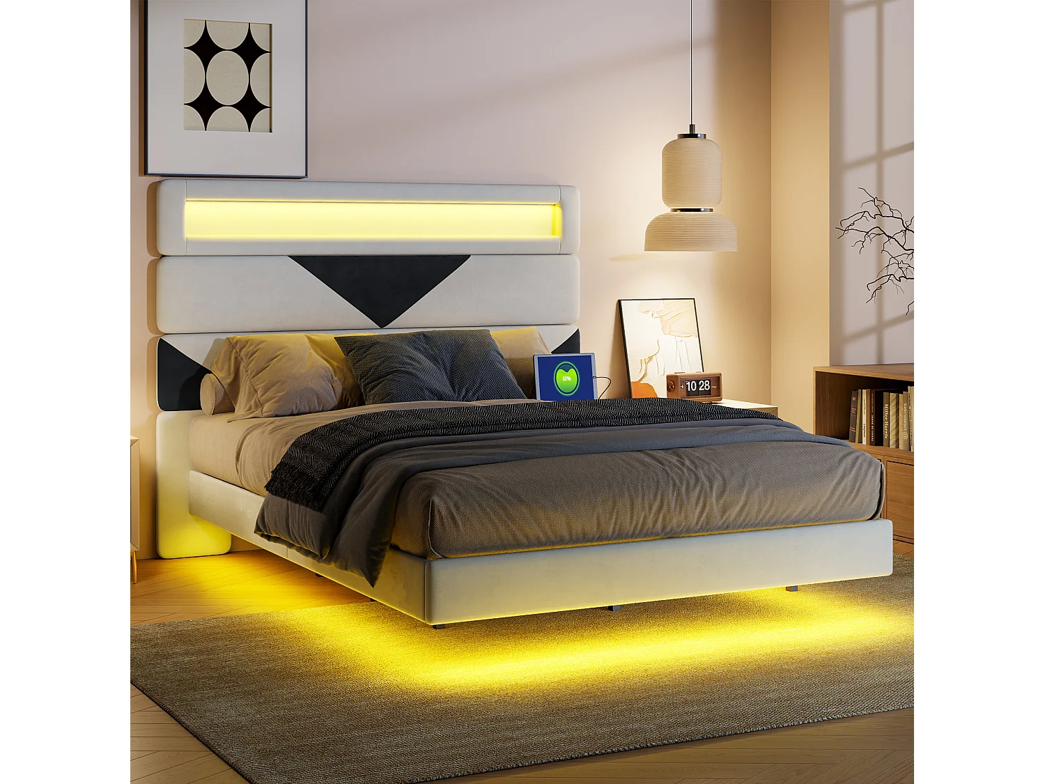 Bett 140x200 cm, MDF, mit USB und LED-Beleuchtung, Erwachsenenbett - Weiß+Schwarz