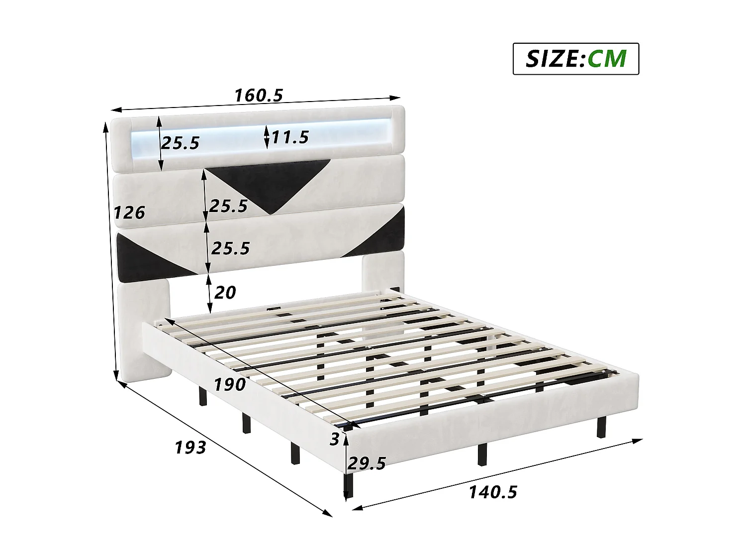 Bett 140x200 cm, MDF, mit USB und LED-Beleuchtung, Erwachsenenbett - Weiß+Schwarz