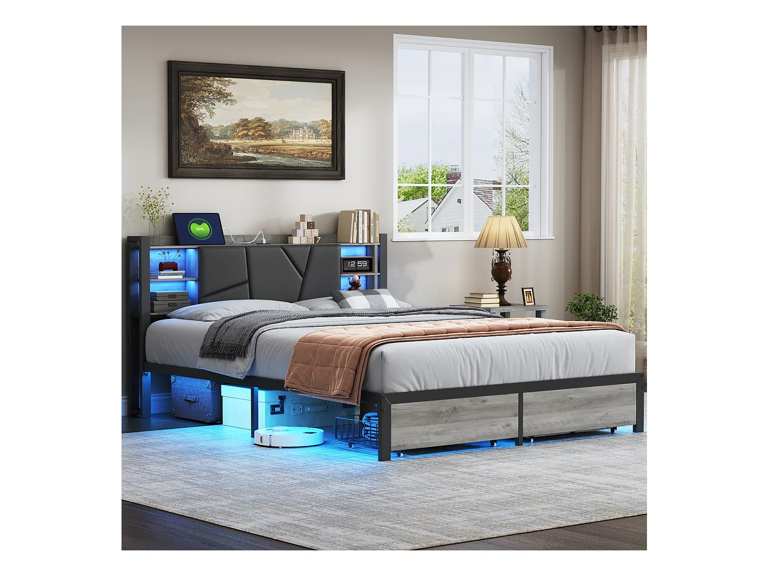 IJzeren houten bed 140*200 hoofdeinde bed met lamp met tweepersoonsbed eindladen oplader