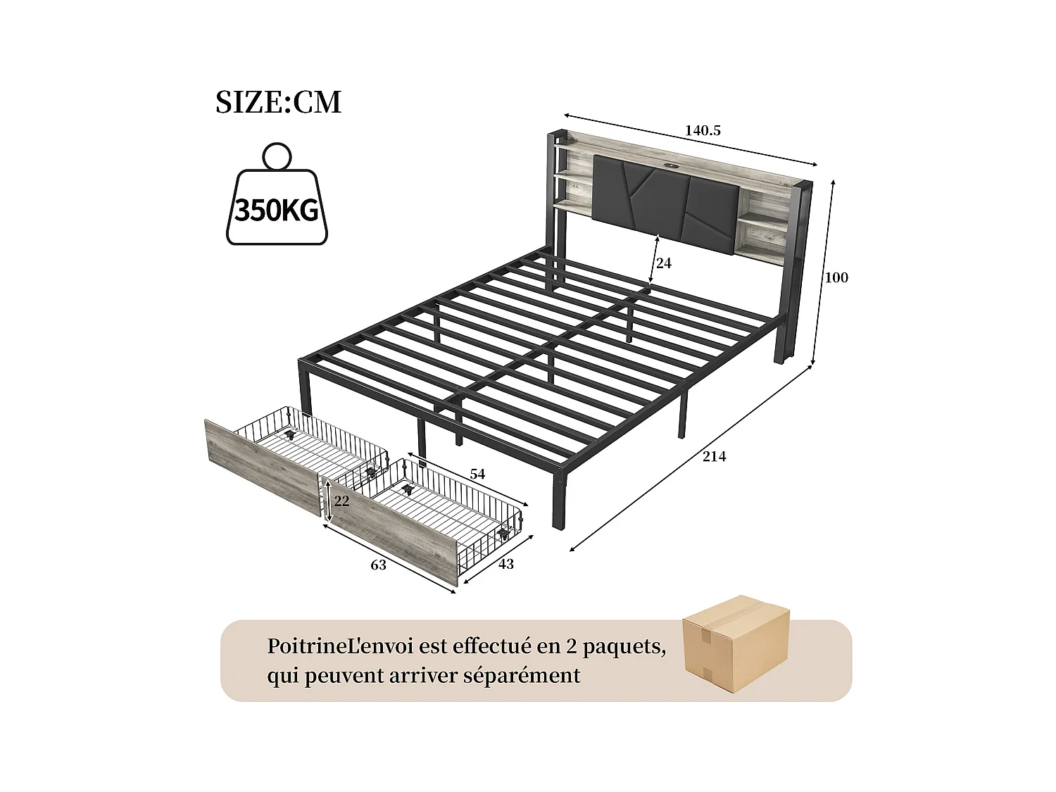 IJzeren houten bed 140*200 hoofdeinde bed met lamp met tweepersoonsbed eindladen oplader