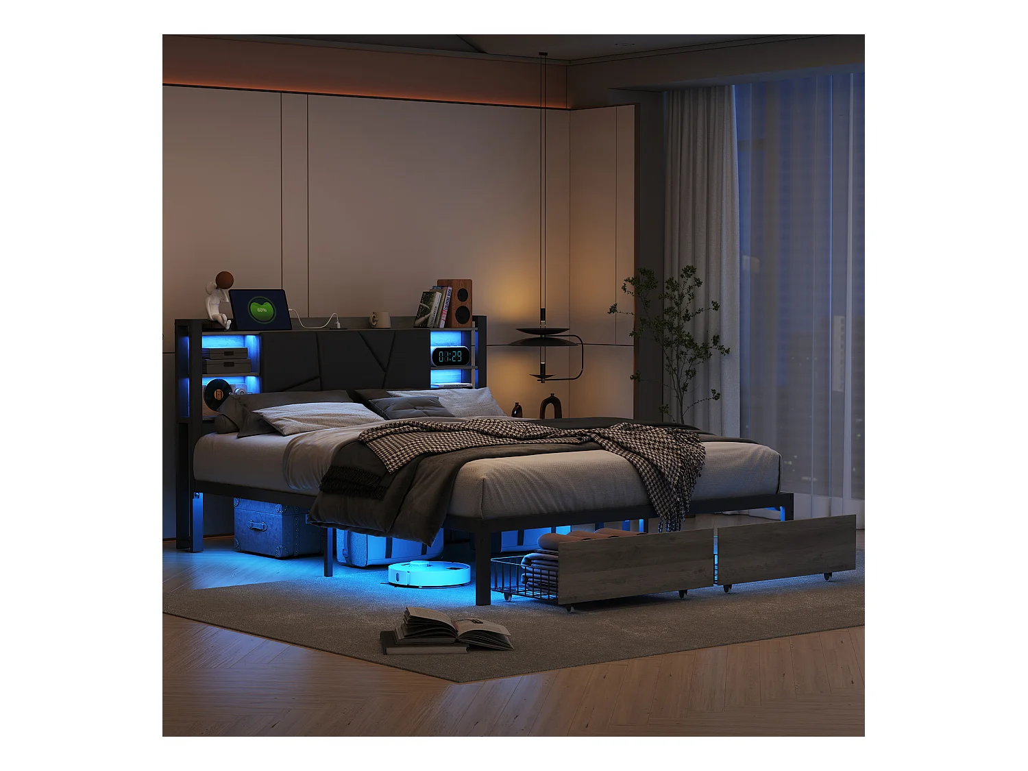 IJzeren houten bed 140*200 hoofdeinde bed met lamp met tweepersoonsbed eindladen oplader