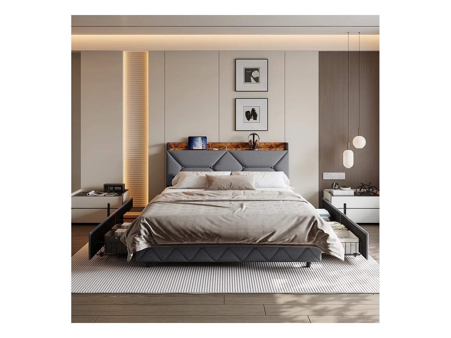 Tweepersoonsbed (140x200 cm): hout/metaal, ergonomisch hoofdeinde (95°), geïntegreerde opbergruimte, USB/Type-C-aansluitingen, 4 grote lades