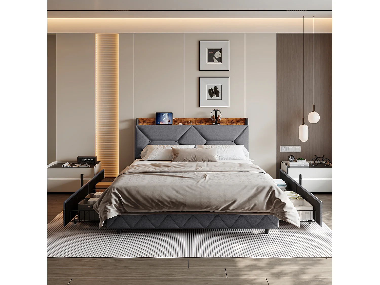 Lit double en bois et métal avec tête de lit ergonomique inclinée à 95°, rangements intégrés, ports USB/Type-C et 4 grands tiroirs – 140x200 cm