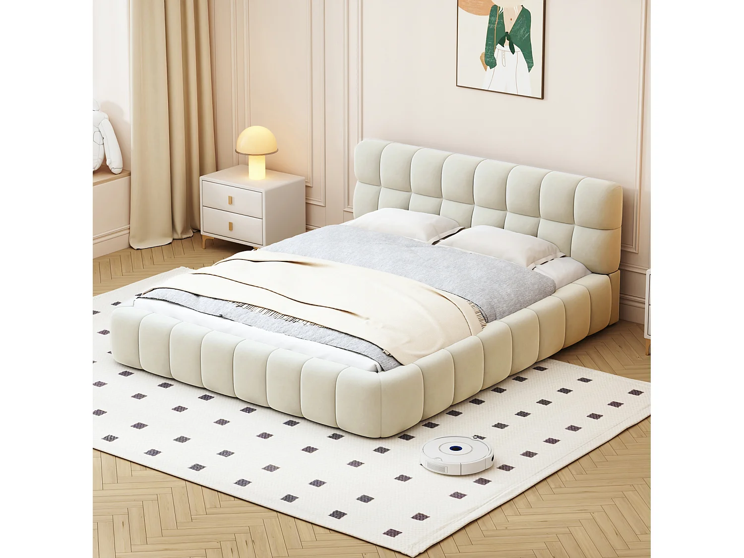 Letto per adulti 160x200cm, letto matrimoniale in lino con schienale morbido, letto piano con struttura imbottita, rete a doghe, testiera, beige (Prevendita)