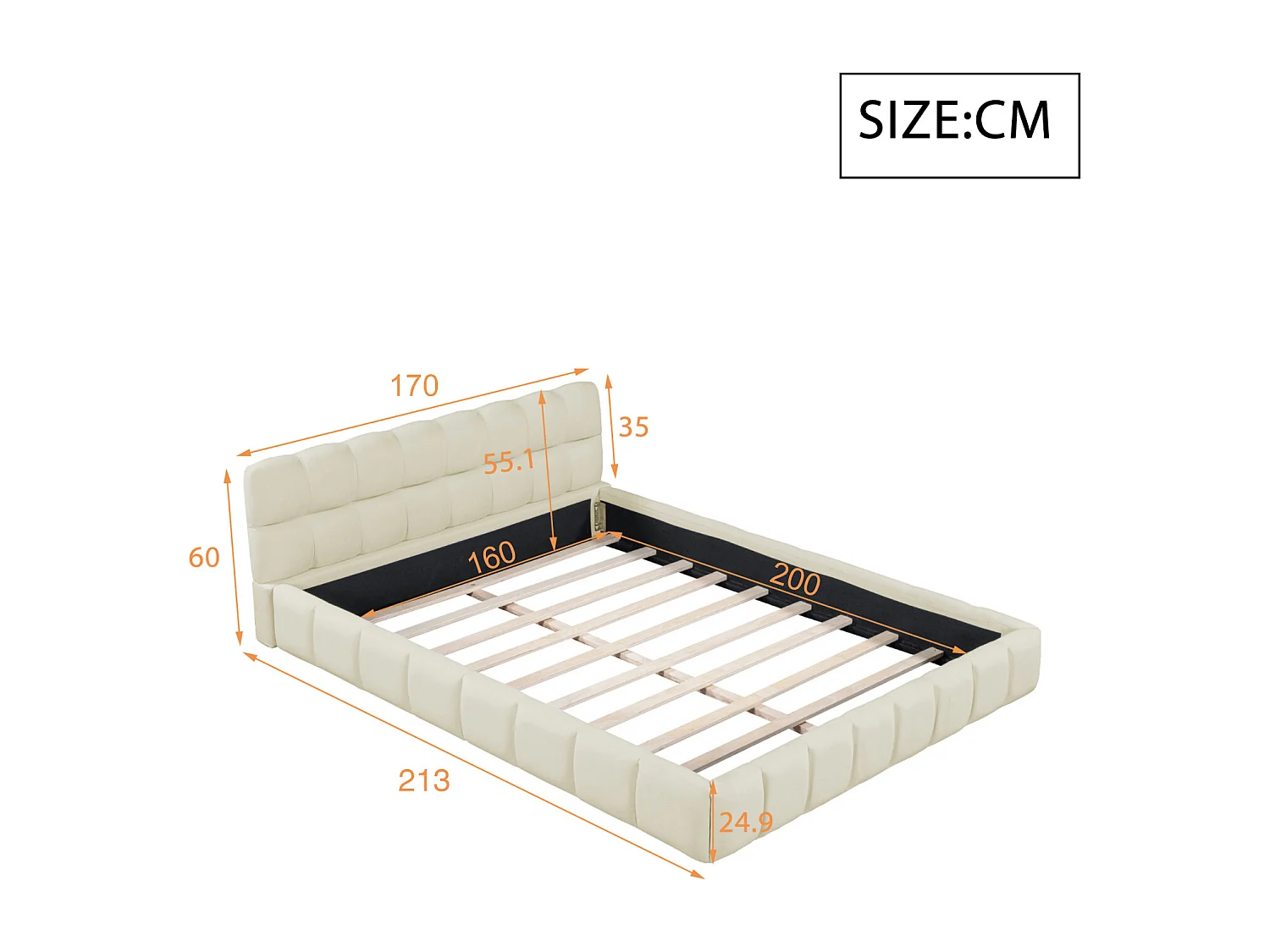 Letto per adulti 160x200cm, letto matrimoniale in lino con schienale morbido, letto piano con struttura imbottita, rete a doghe, testiera, beige (Prevendita)