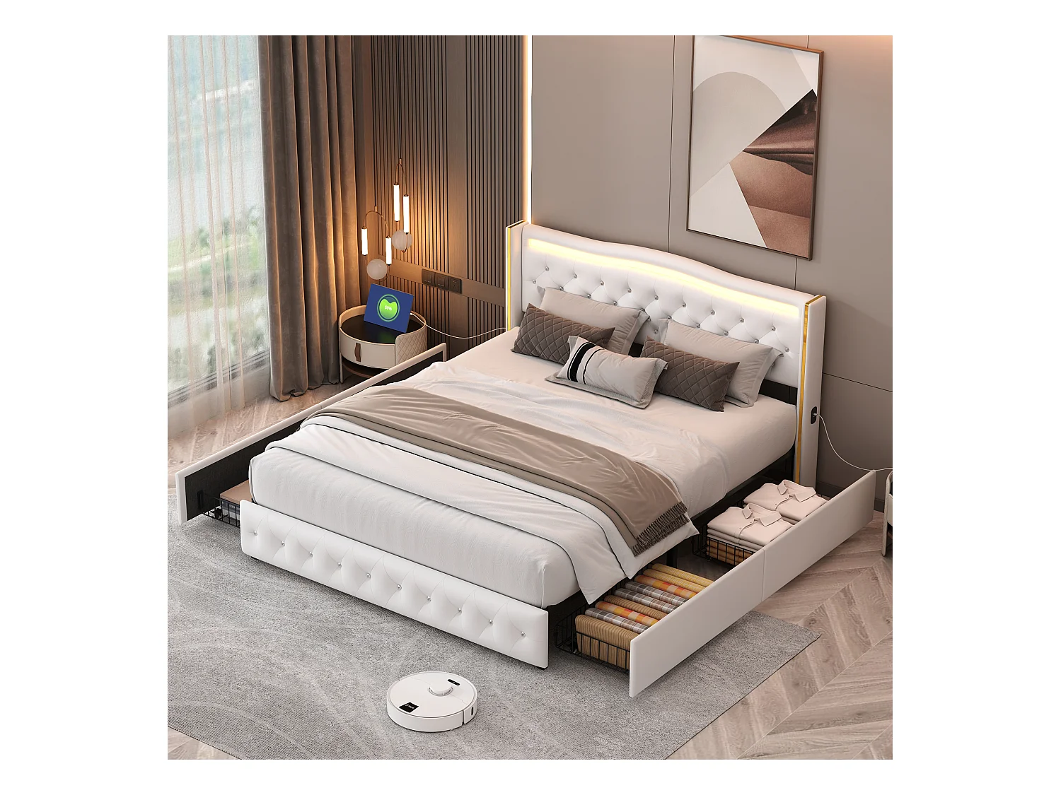 Tweepersoonsbed 140x200 cm, met ledverlichting, oplaadfunctie aan beide zijden van het bed, pu - Wit