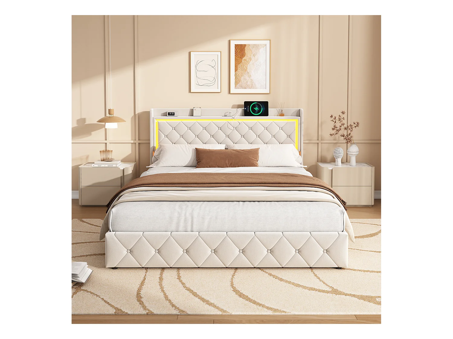 140x190 cm beige fluwelen bed met led-hoofdeinde, gaslift, USB- en type-C-poorten