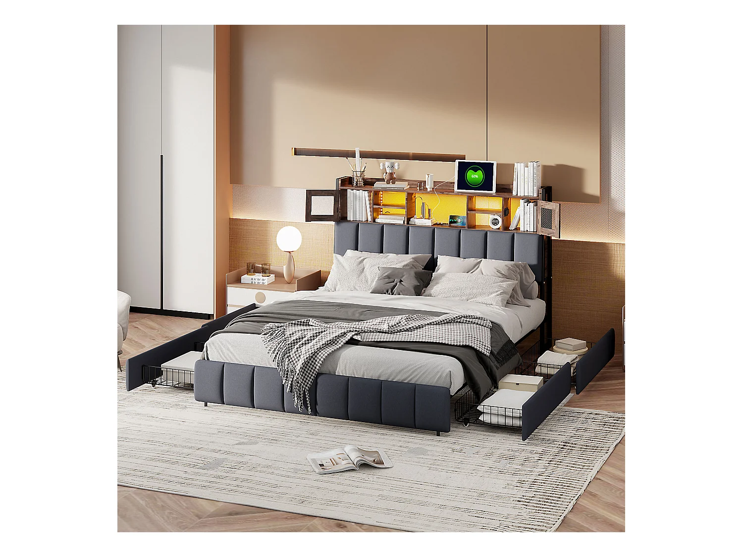 Doppelbett 140x200cm - Erwachsenenbett mit 4 Schubladen, Lattenrost und LED-Kopfteil mit Ablagen und Ladeanschluss - in schwarzem Leinen