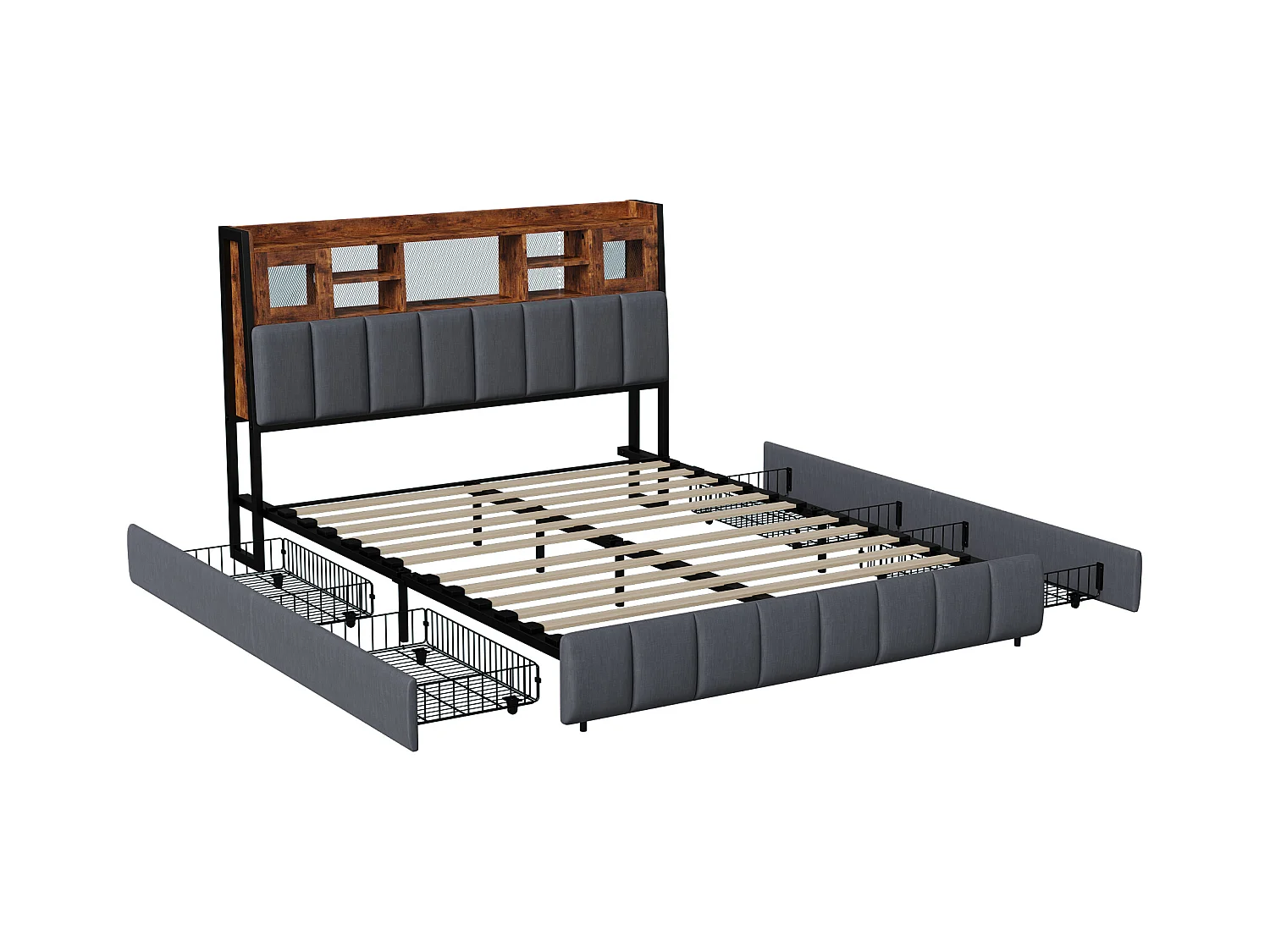 Doppelbett 140x200cm - Erwachsenenbett mit 4 Schubladen, Lattenrost und LED-Kopfteil mit Ablagen und Ladeanschluss - in schwarzem Leinen