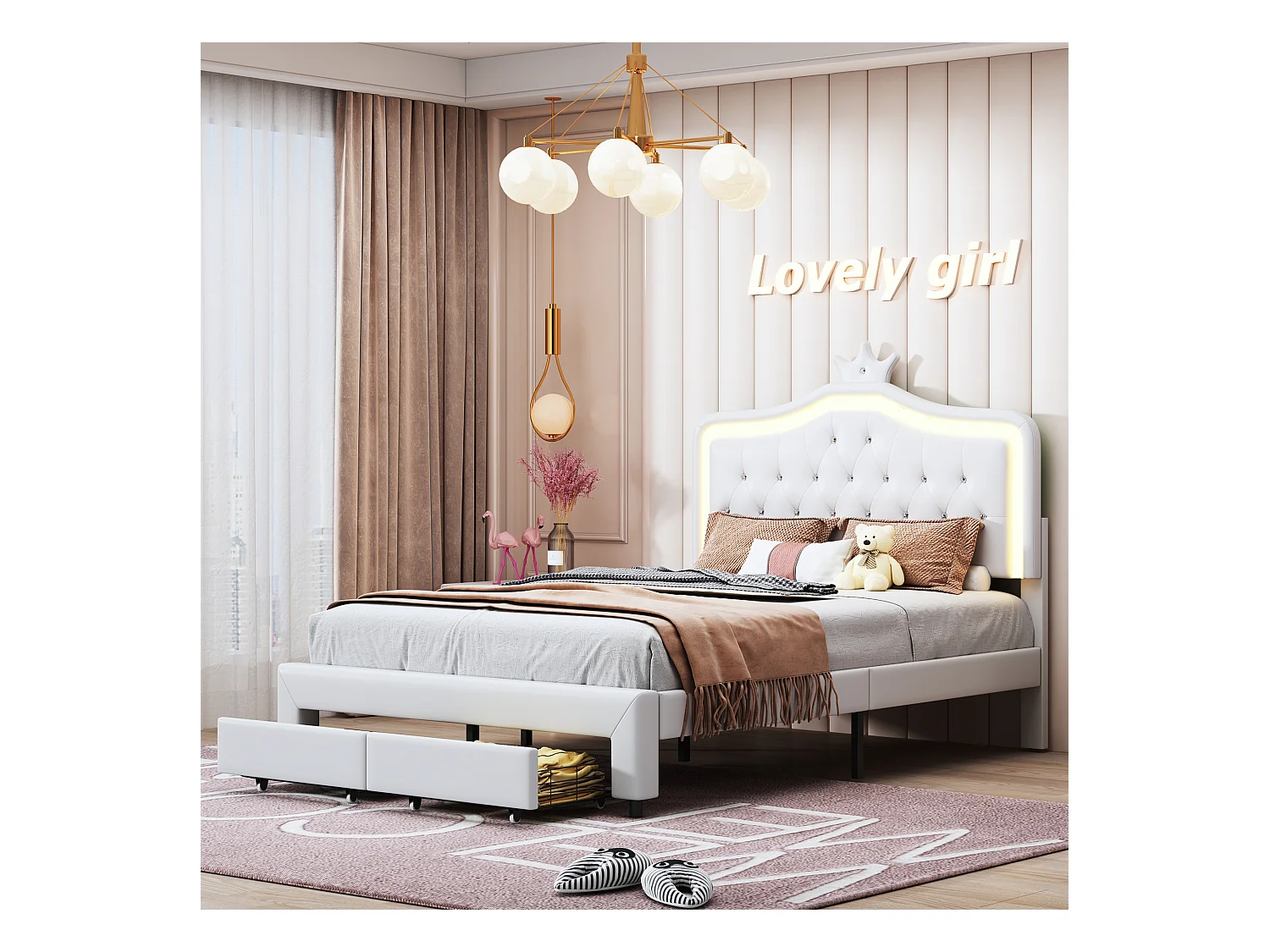 Lit capitonné 140 x 200 cm avec 2 tiroirs et lumières LED - motif en couronne - sommier à lattes - blanc