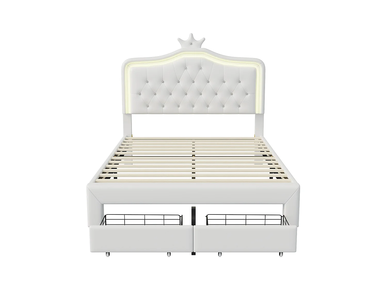 Lit capitonné 140 x 200 cm avec 2 tiroirs et lumières LED - motif en couronne - sommier à lattes - blanc