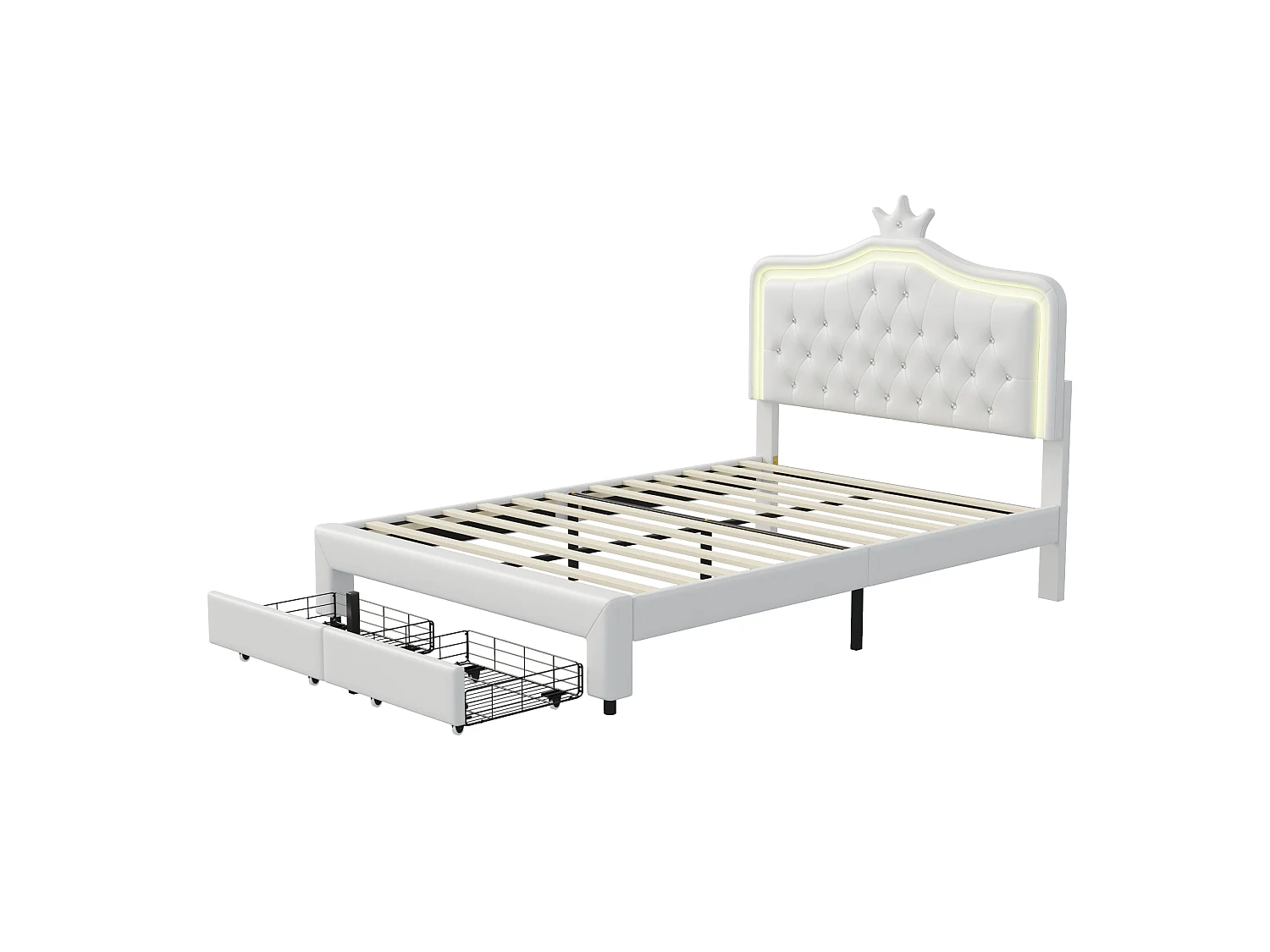 Cama estofada 140 x 200 cm com 2 gavetas e luzes LED - padrão coroa - estrado de ripas - branco