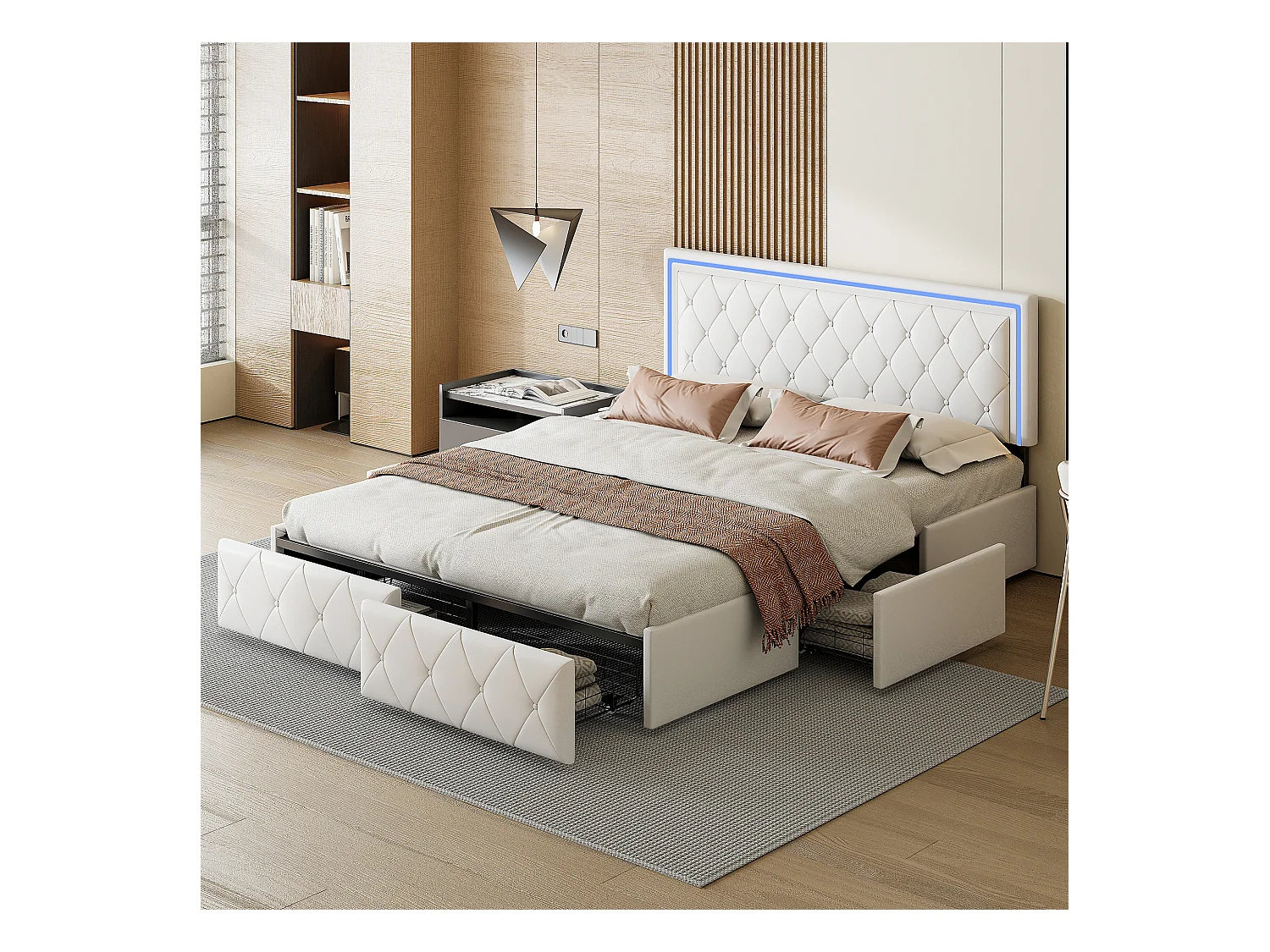 Lit double rembourré 160x200cm avec 4 tiroirs et éclairage LED