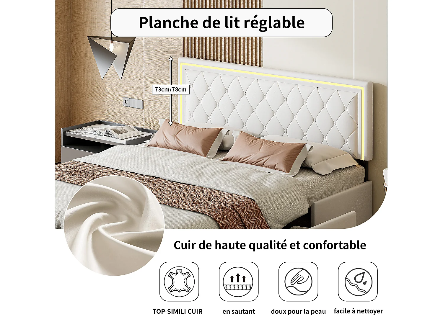 Cama de matrimonio tapizada 160x200cm con 4 cajones e iluminación LED