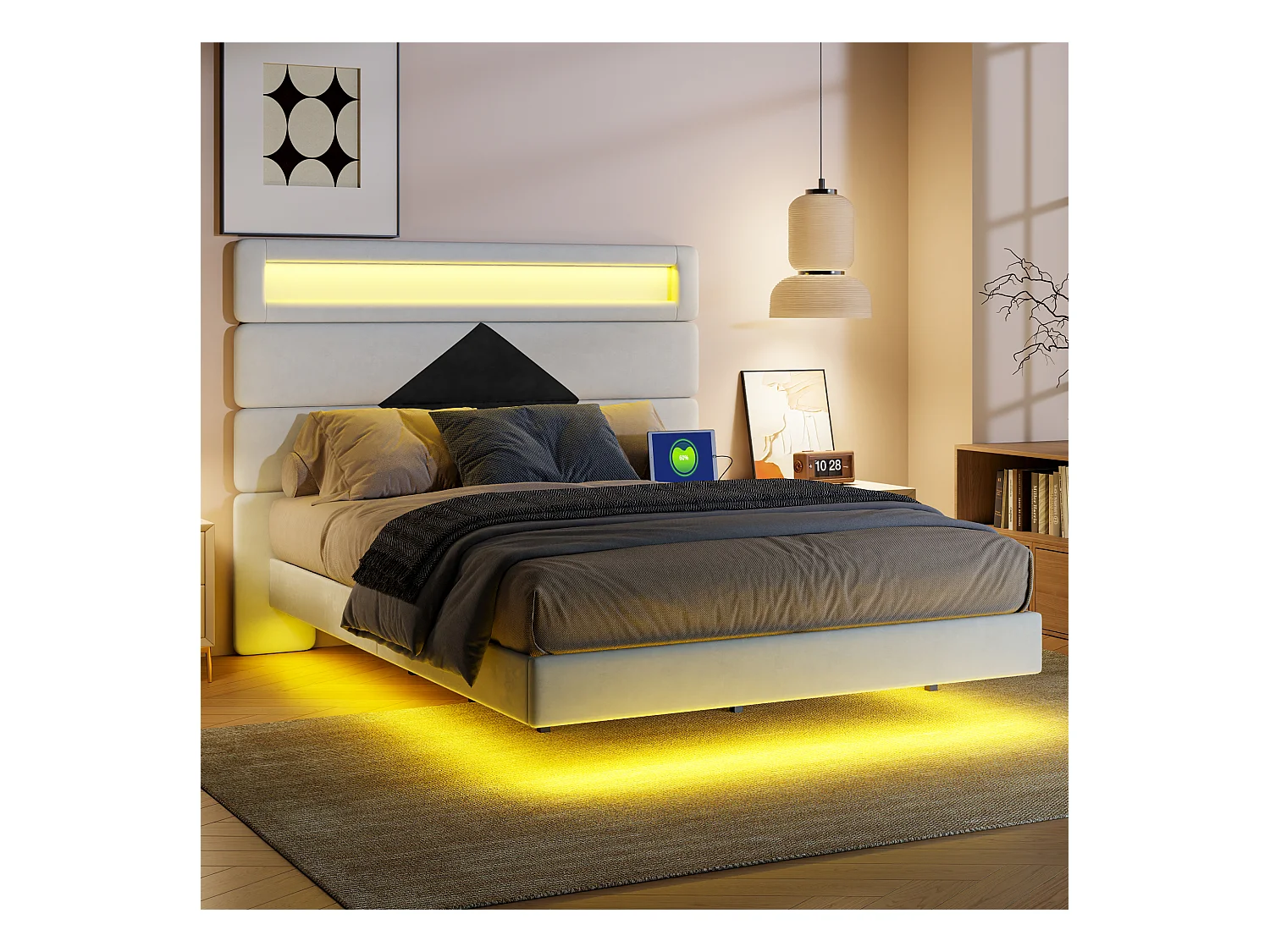 Letto 140x200 cm, Letto sospeso con testiera a diamante, con USB e illuminazione LED, - Bianco