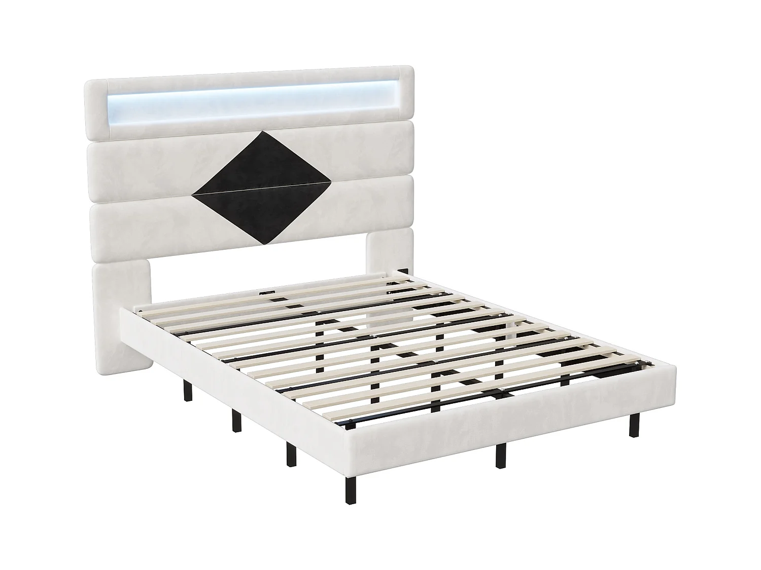 Letto 140x200 cm, Letto sospeso con testiera a diamante, con USB e illuminazione LED, - Bianco