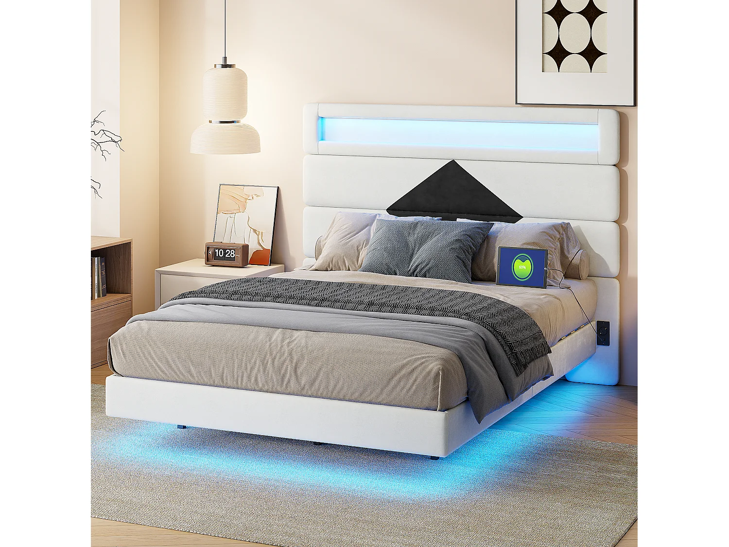 Lit 140x200 cm, Lit flottant avec tête de lit diamant,  avec  USB et éclairage LED,  - Blanc