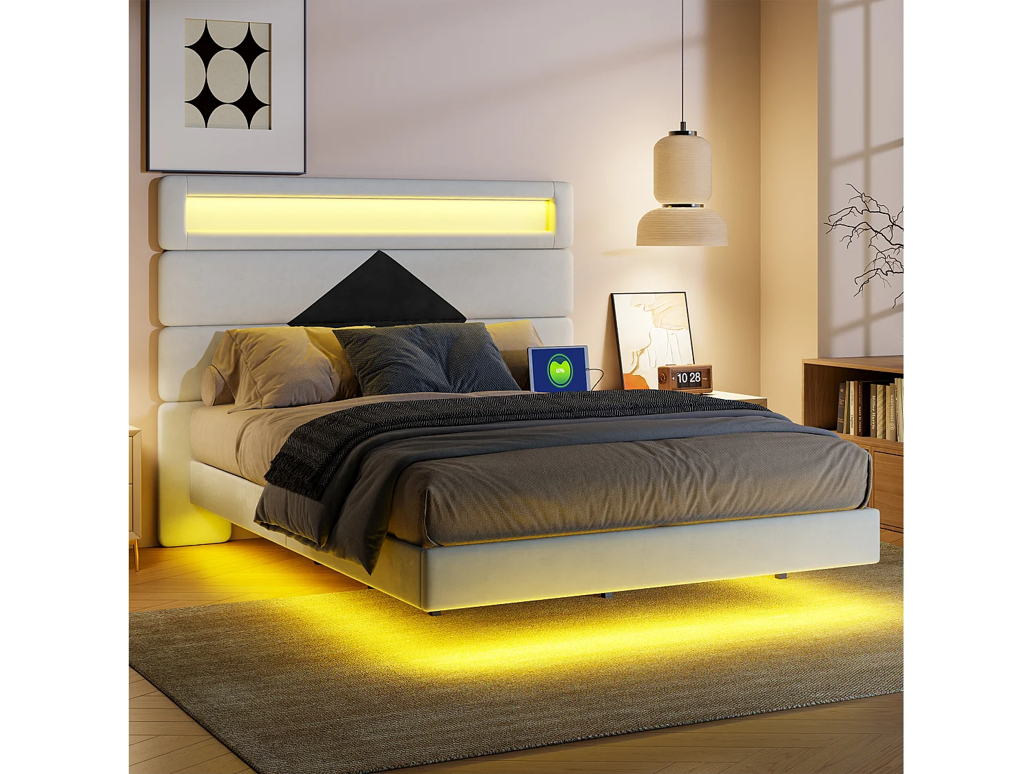Lit 140x200 cm, Lit flottant avec tête de lit diamant,  avec  USB et éclairage LED,  - Blanc