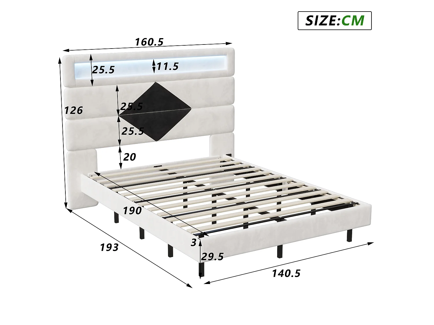 Lit 140x200 cm, Lit flottant avec tête de lit diamant,  avec  USB et éclairage LED,  - Blanc