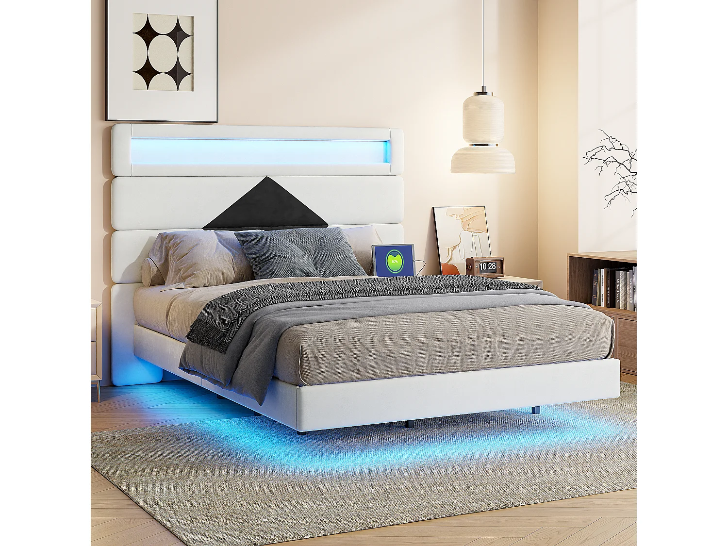 Lit 140x200 cm, Lit flottant avec tête de lit diamant,  avec  USB et éclairage LED,  - Blanc
