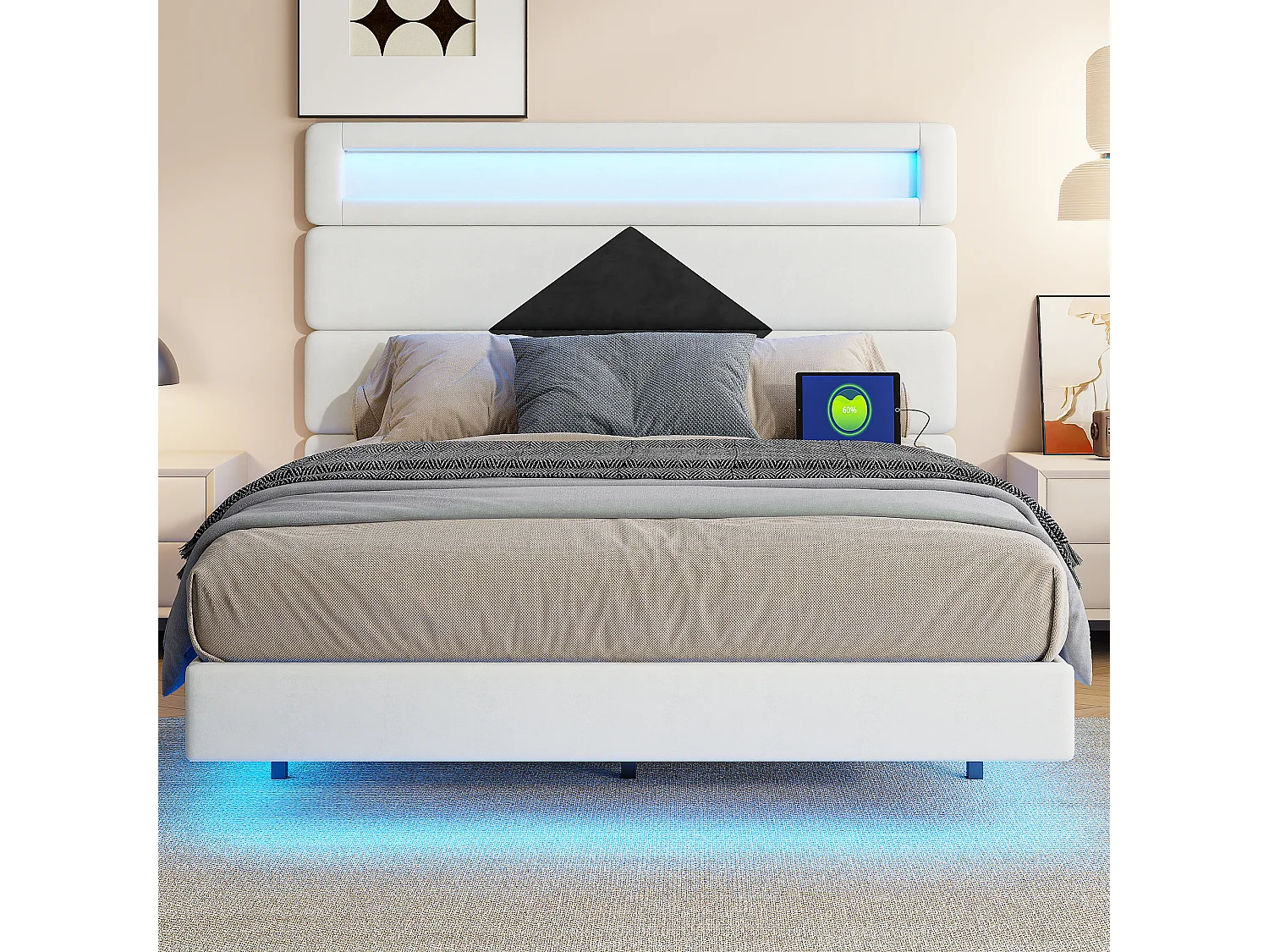 Lit 140x200 cm, Lit flottant avec tête de lit diamant,  avec  USB et éclairage LED,  - Blanc
