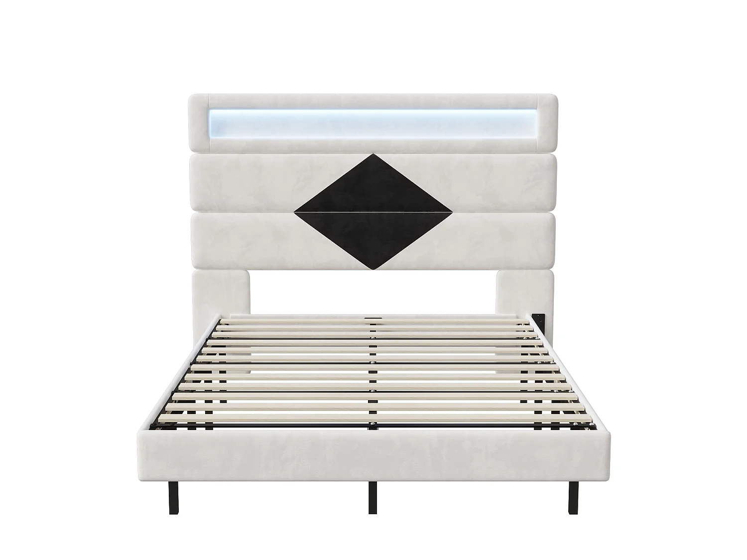 Lit 140x200 cm, Lit flottant avec tête de lit diamant,  avec  USB et éclairage LED,  - Blanc