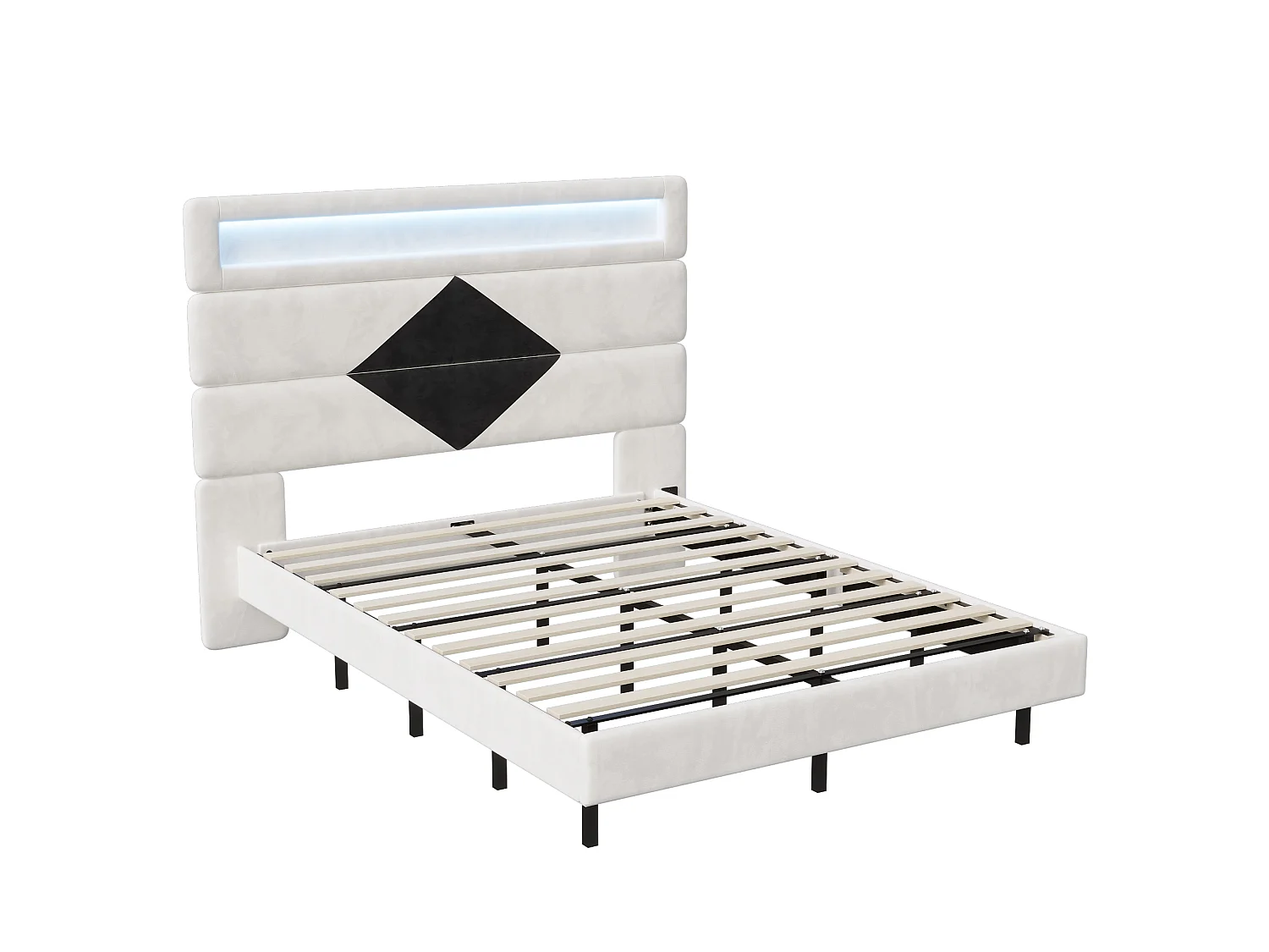 Lit 140x200 cm, Lit flottant avec tête de lit diamant,  avec  USB et éclairage LED,  - Blanc