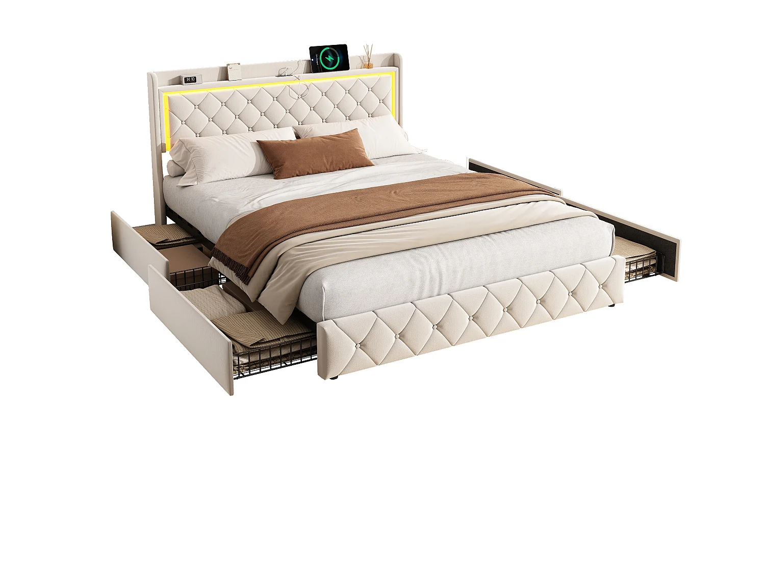 Lit 160x200 cm en Velours Beige avec Tête de Lit LED, Rangement à Gaz, Ports USB et Type-C