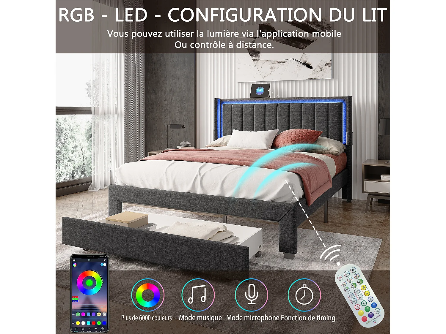 Lit adulte 140x200 cm - LED et 1 grand tiroir - sommier à lattes - port USB et Type C - Lin - Gris