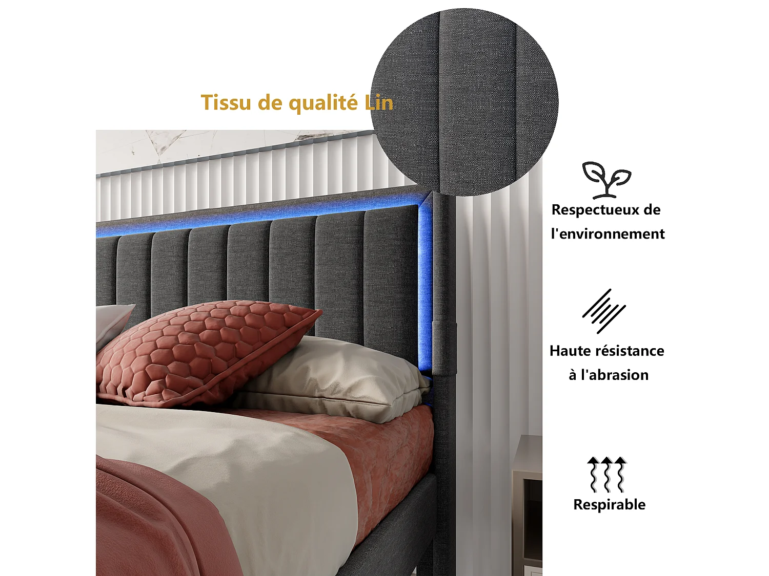 Lit adulte 140x200 cm - LED et 1 grand tiroir - sommier à lattes - port USB et Type C - Lin - Gris