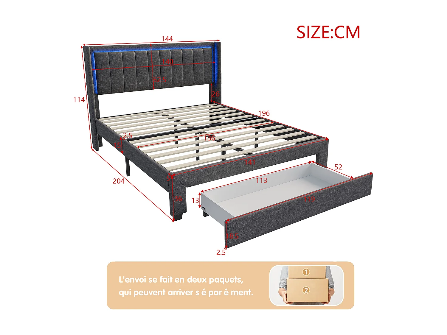Lit adulte 140x200 cm - LED et 1 grand tiroir - sommier à lattes - port USB et Type C - Lin - Gris