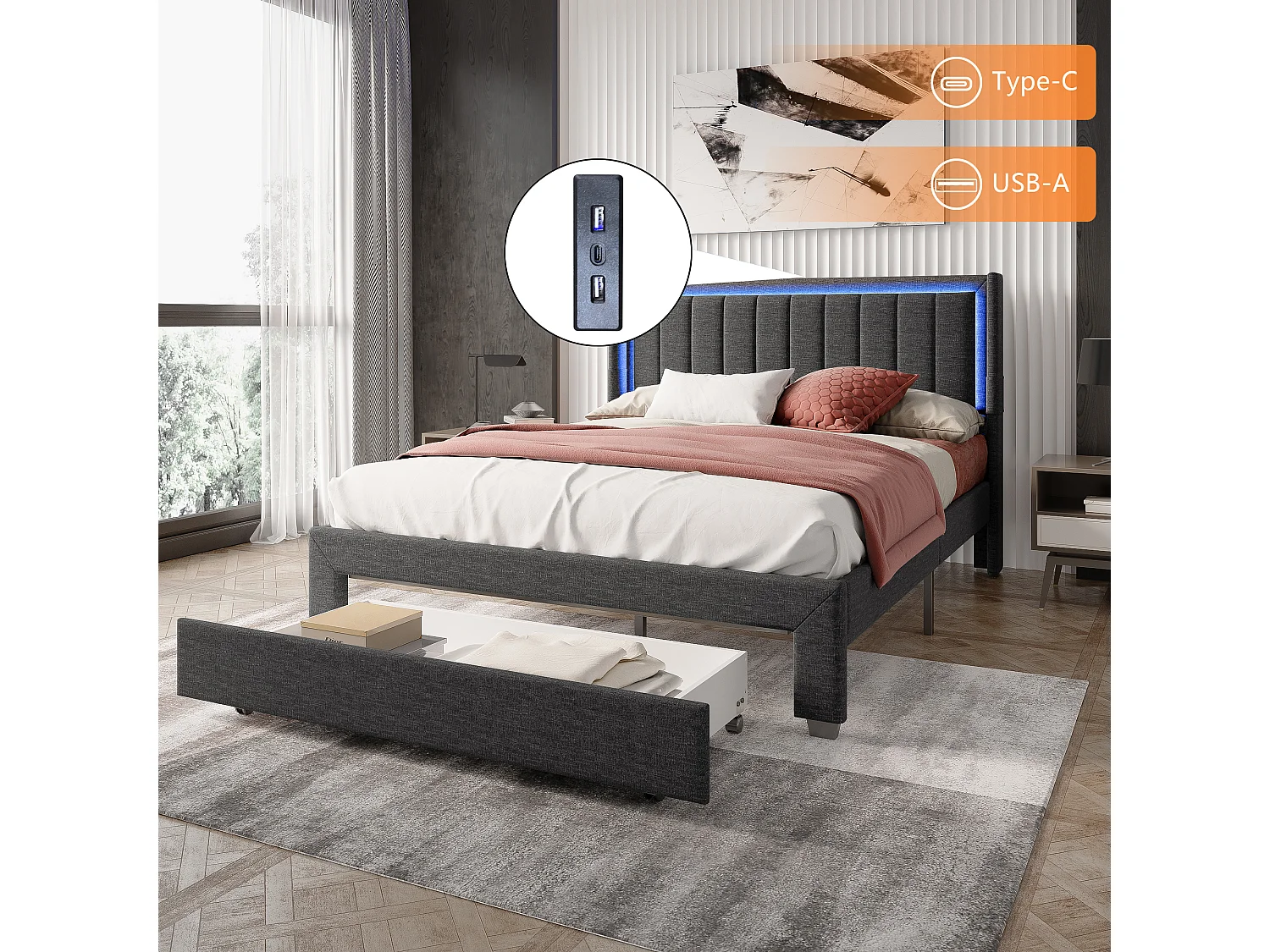 Lit adulte 140x200 cm - LED et 1 grand tiroir - sommier à lattes - port USB et Type C - Lin - Gris