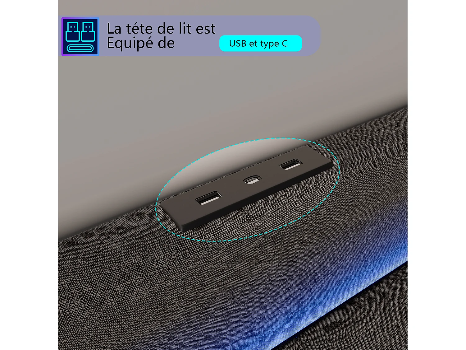 Lit adulte 140x200 cm - LED et 1 grand tiroir - sommier à lattes - port USB et Type C - Lin - Gris