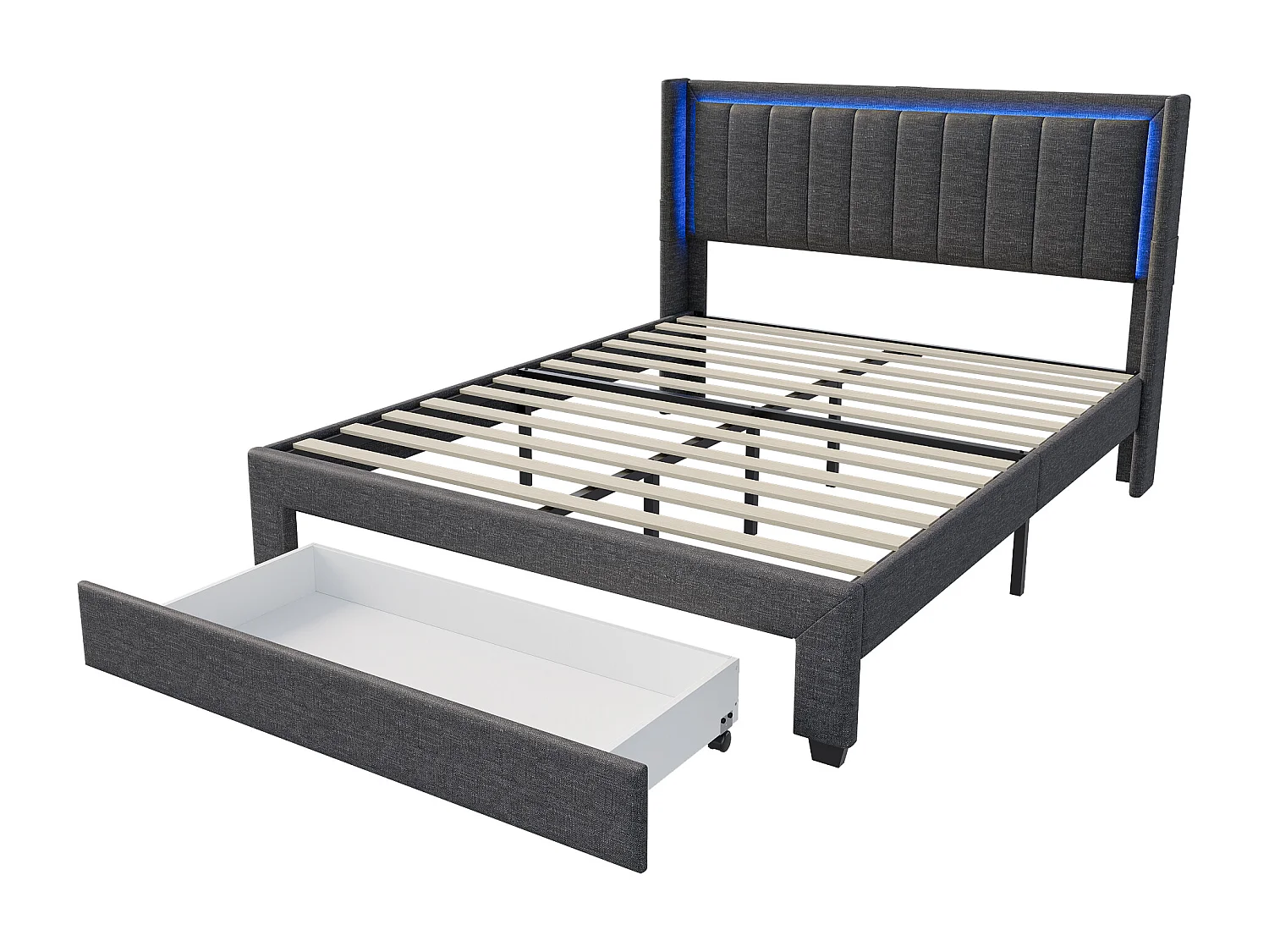 Lit adulte 140x200 cm - LED et 1 grand tiroir - sommier à lattes - port USB et Type C - Lin - Gris