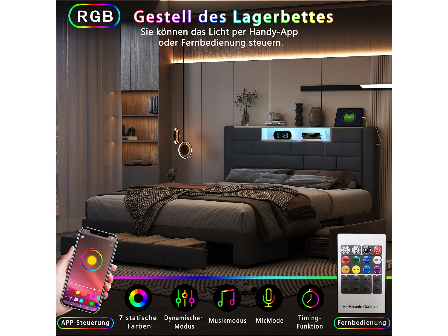 Letto matrimoniale 140x200cm - rete a doghe e testiera LED con porta USB/C - Grigio