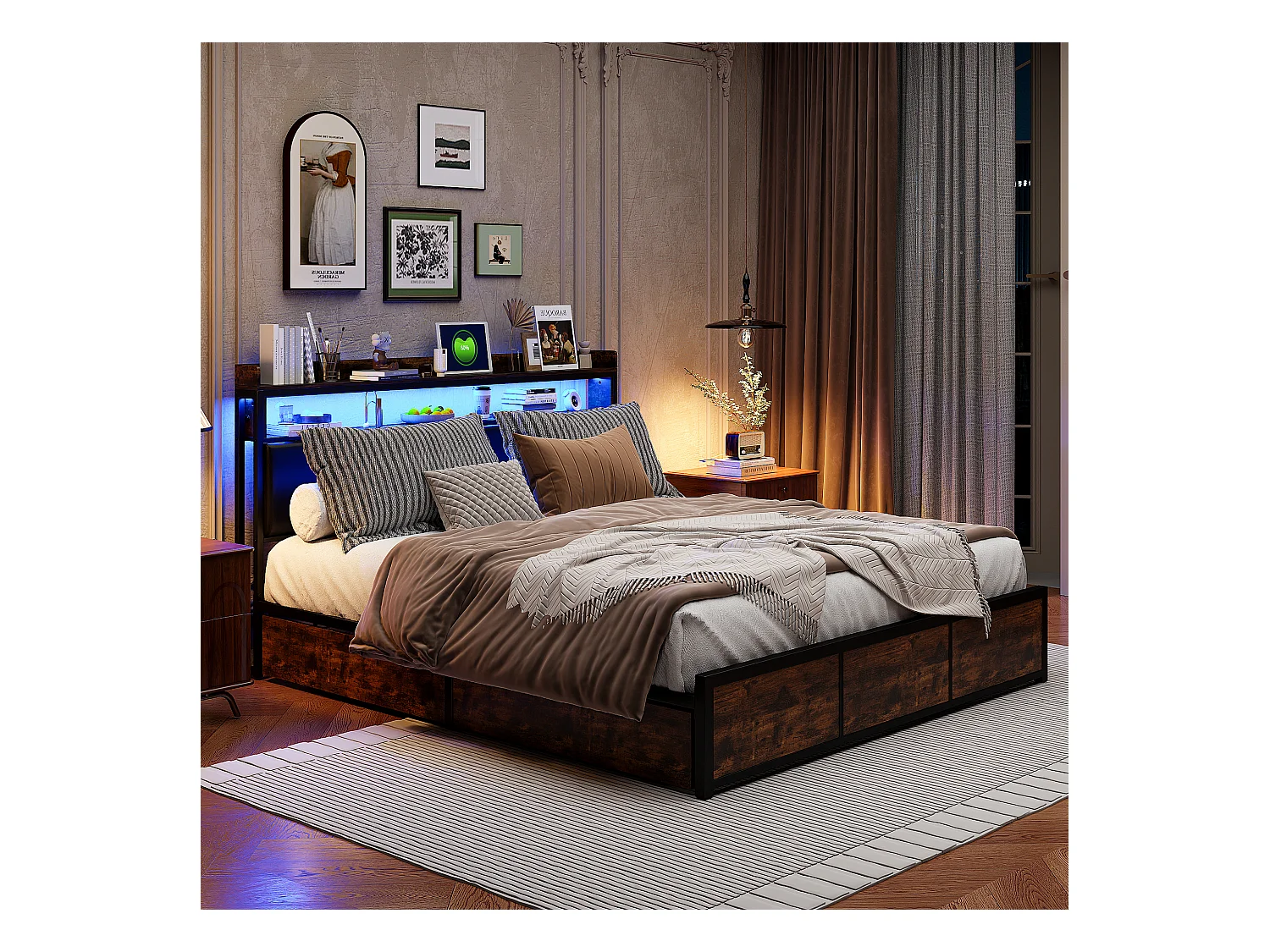 Lit double avec tiroirs 140x200 cm, tête de lit avec espace de rangement, barre lumineuse LED - Noir