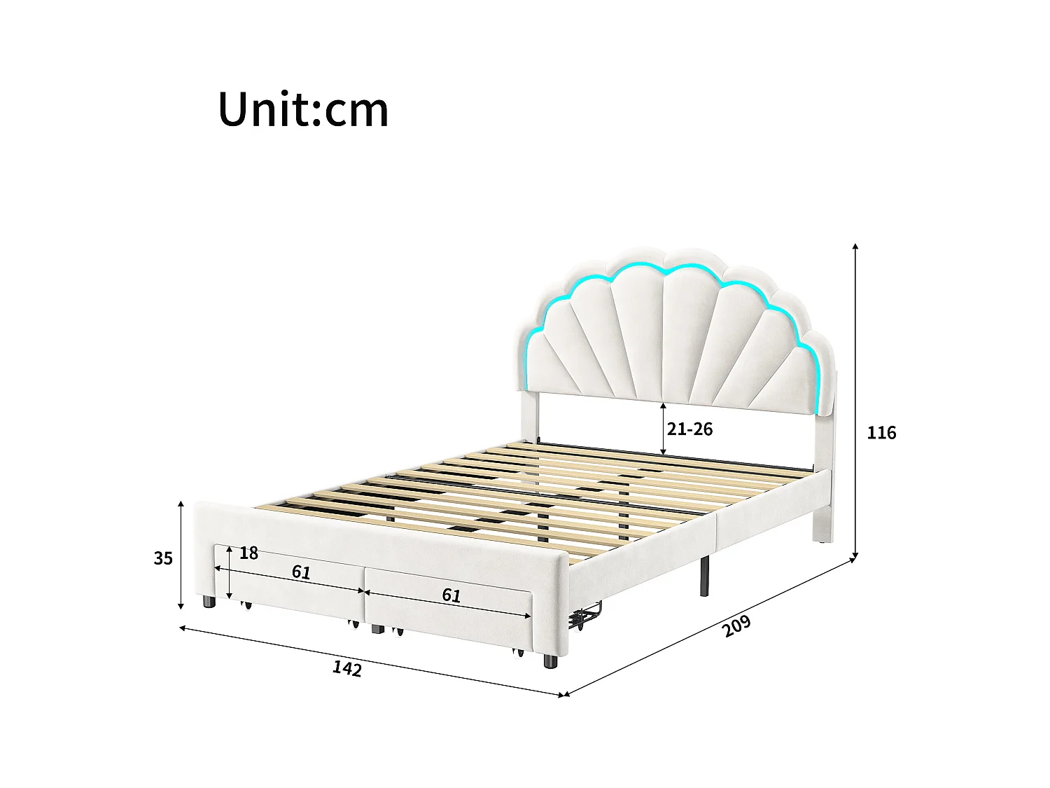 Gestoffeerd eenpersoonsbed 140x200 cm met lades, fluweel, LED-lichtstrip - Wit