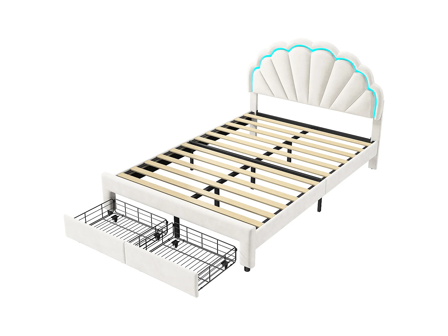 Gestoffeerd eenpersoonsbed 140x200 cm met lades, fluweel, LED-lichtstrip - Wit