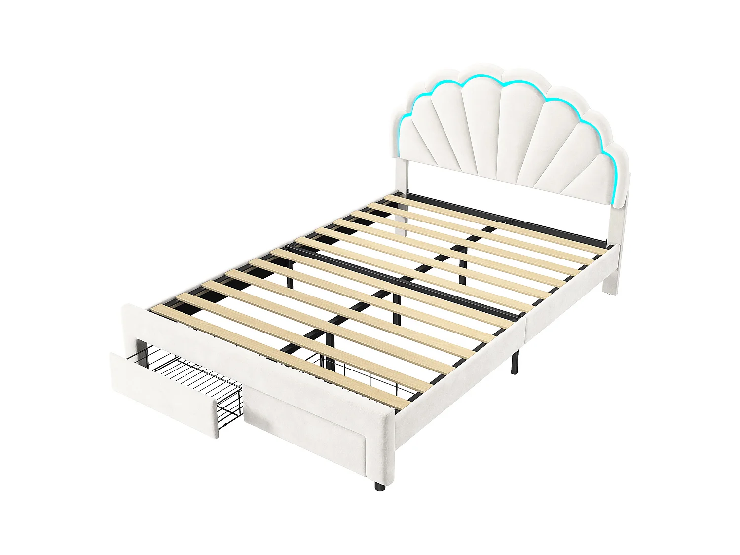 Gestoffeerd eenpersoonsbed 140x200 cm met lades, fluweel, LED-lichtstrip - Wit