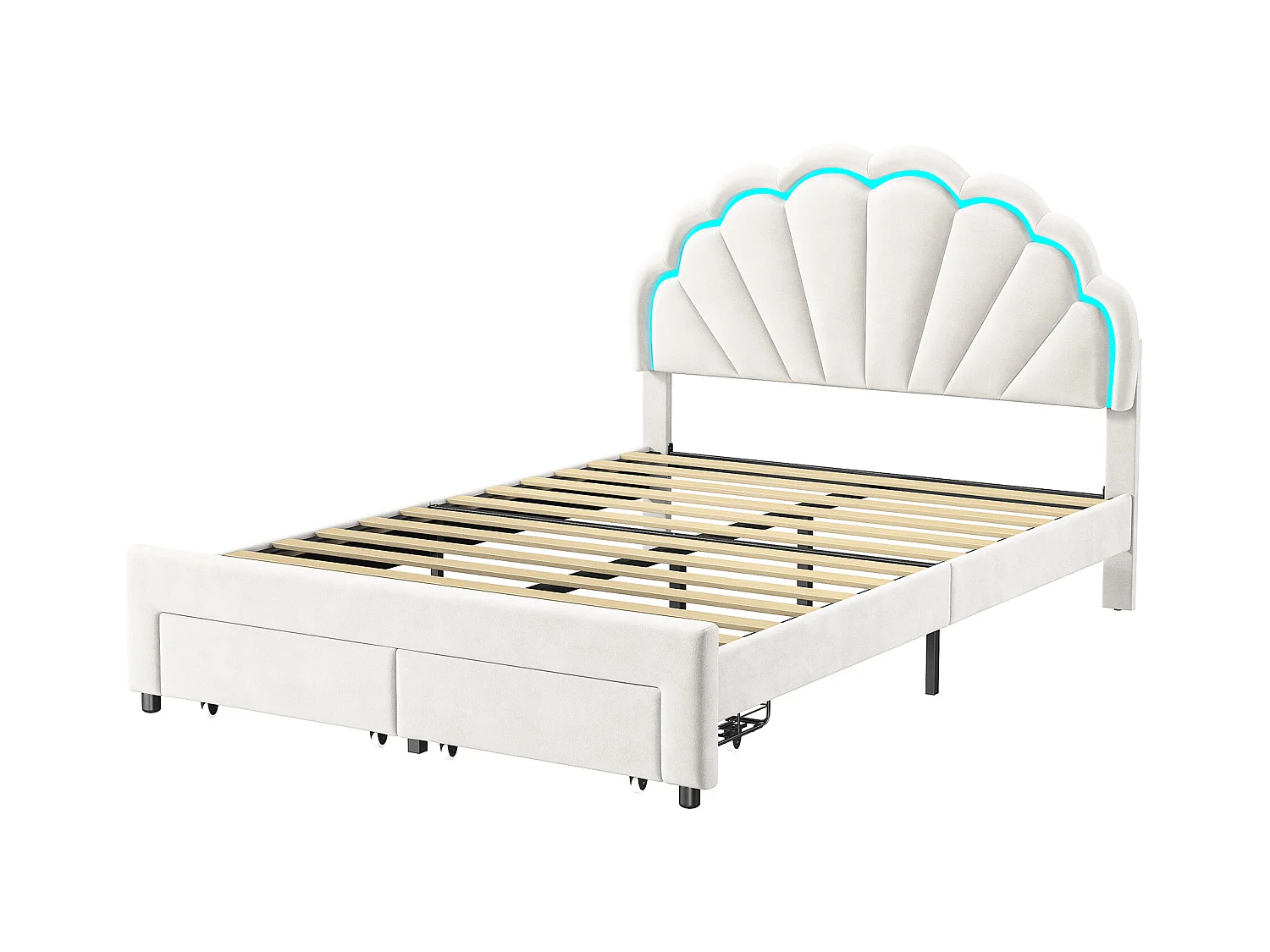 Gestoffeerd eenpersoonsbed 140x200 cm met lades, fluweel, LED-lichtstrip - Wit