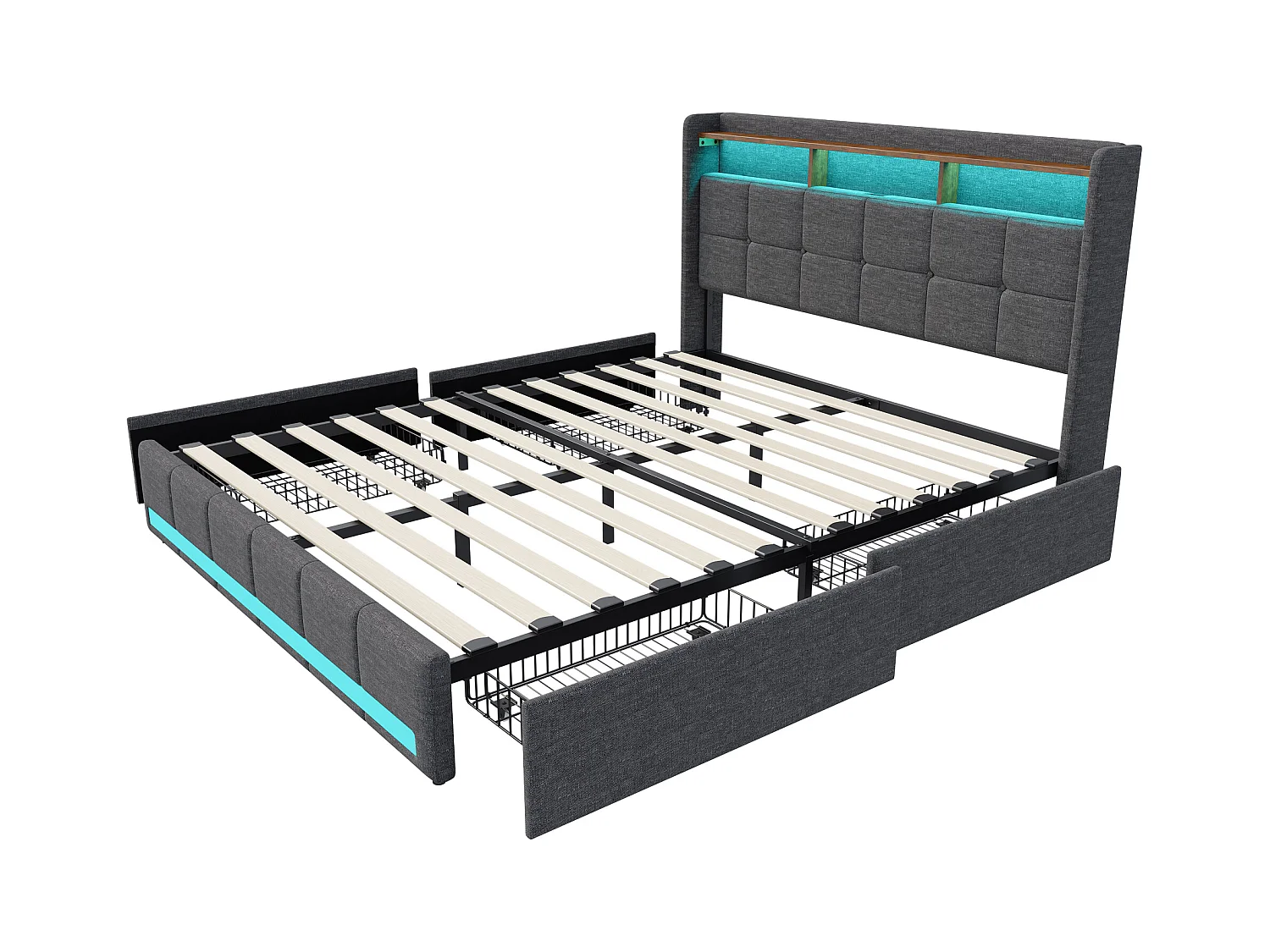Tweepersoonsbed met RGB LED, hoofdbord met opbergruimte en USB/Type-C-poorten, 4 opberglades, grijze linnen stof – 160x200 cm