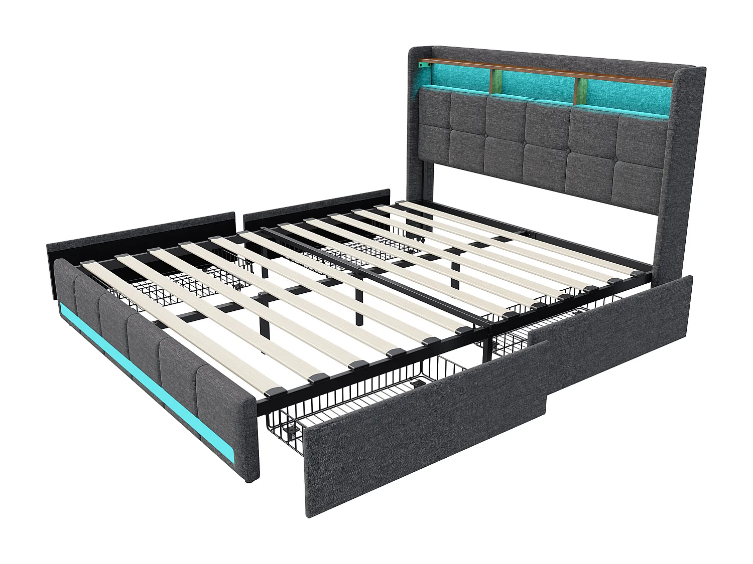 Tweepersoonsbed met RGB LED, hoofdbord met opbergruimte en USB/Type-C-poorten, 4 opberglades, grijze linnen stof – 160x200 cm