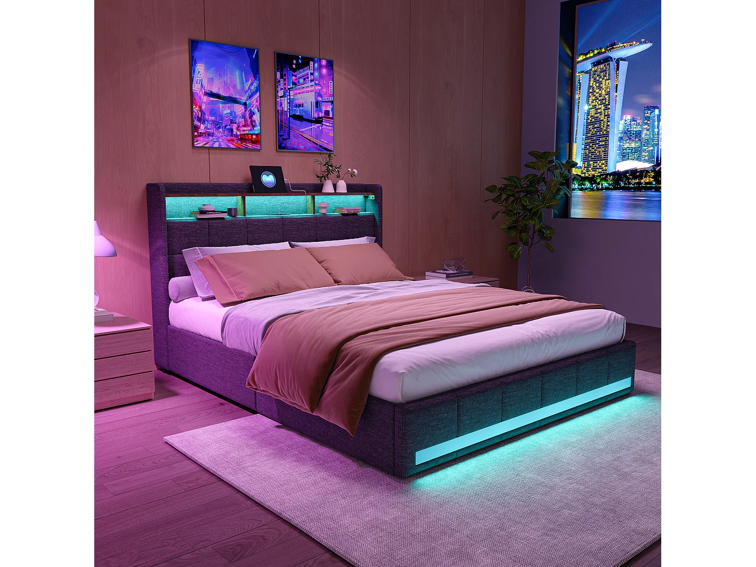 Cama de casal com LED RGB, cabeceira com arrumação e portas USB/Tipo C, 4 gavetas de arrumação, Tecido linho cinzento – 160x200 cm