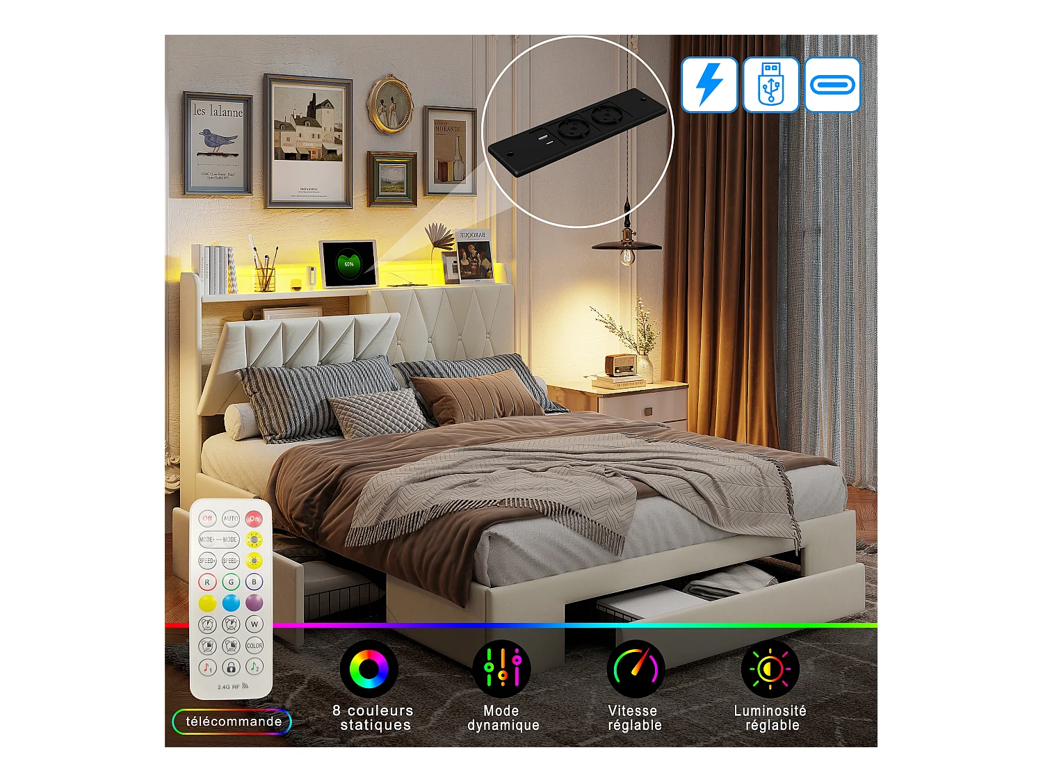 Bed met LED-hoofdbord en 3 opberglades, USB-oplader en RGB-verlichting – 140x190 cm, beige fluwelen design