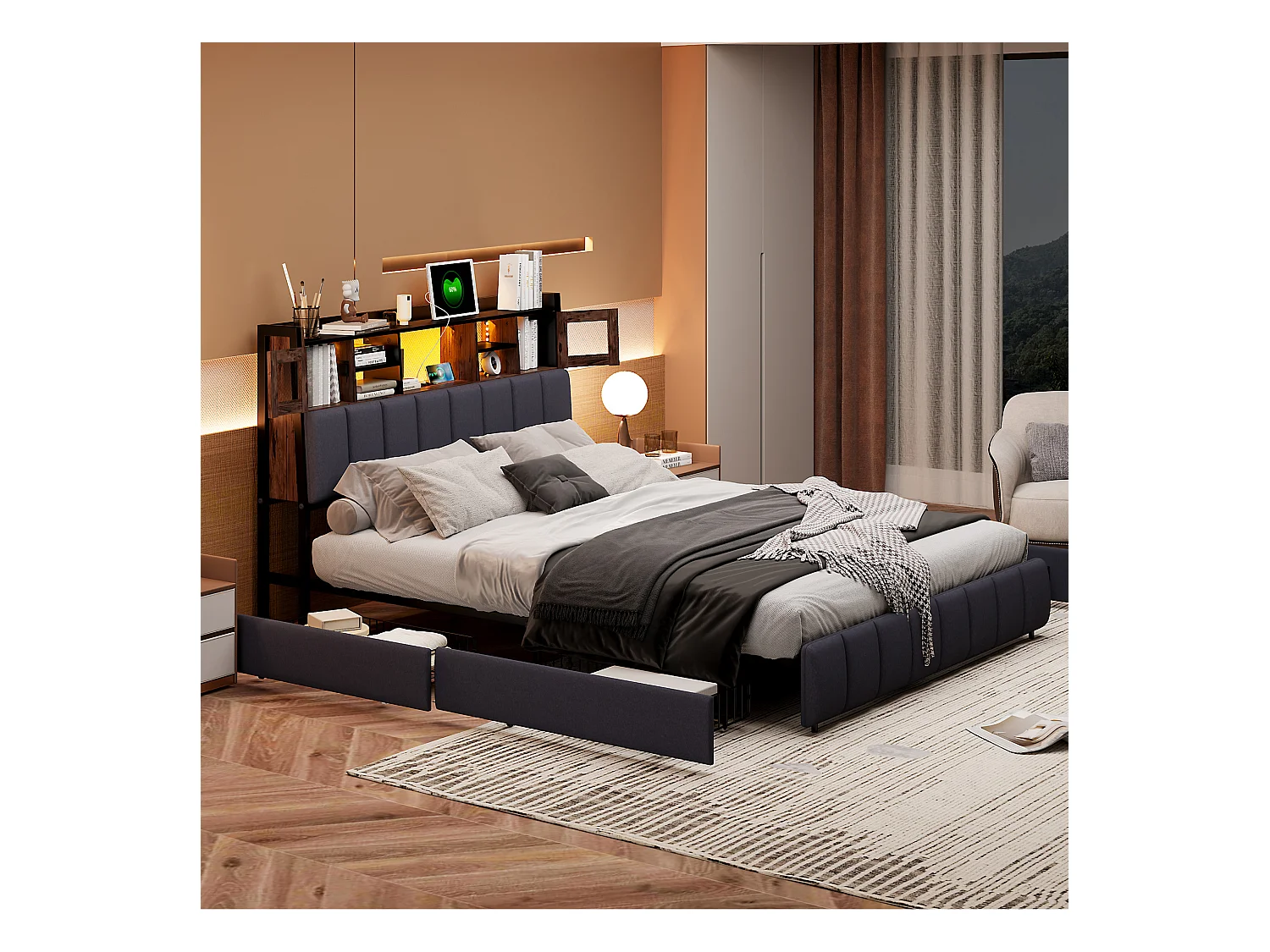 Tweepersoonsbed 160x200cm - volwassen bed met 4 lades, lattenbodem en LED-hoofdbord met planken en oplaadpoort - in zwart linnen