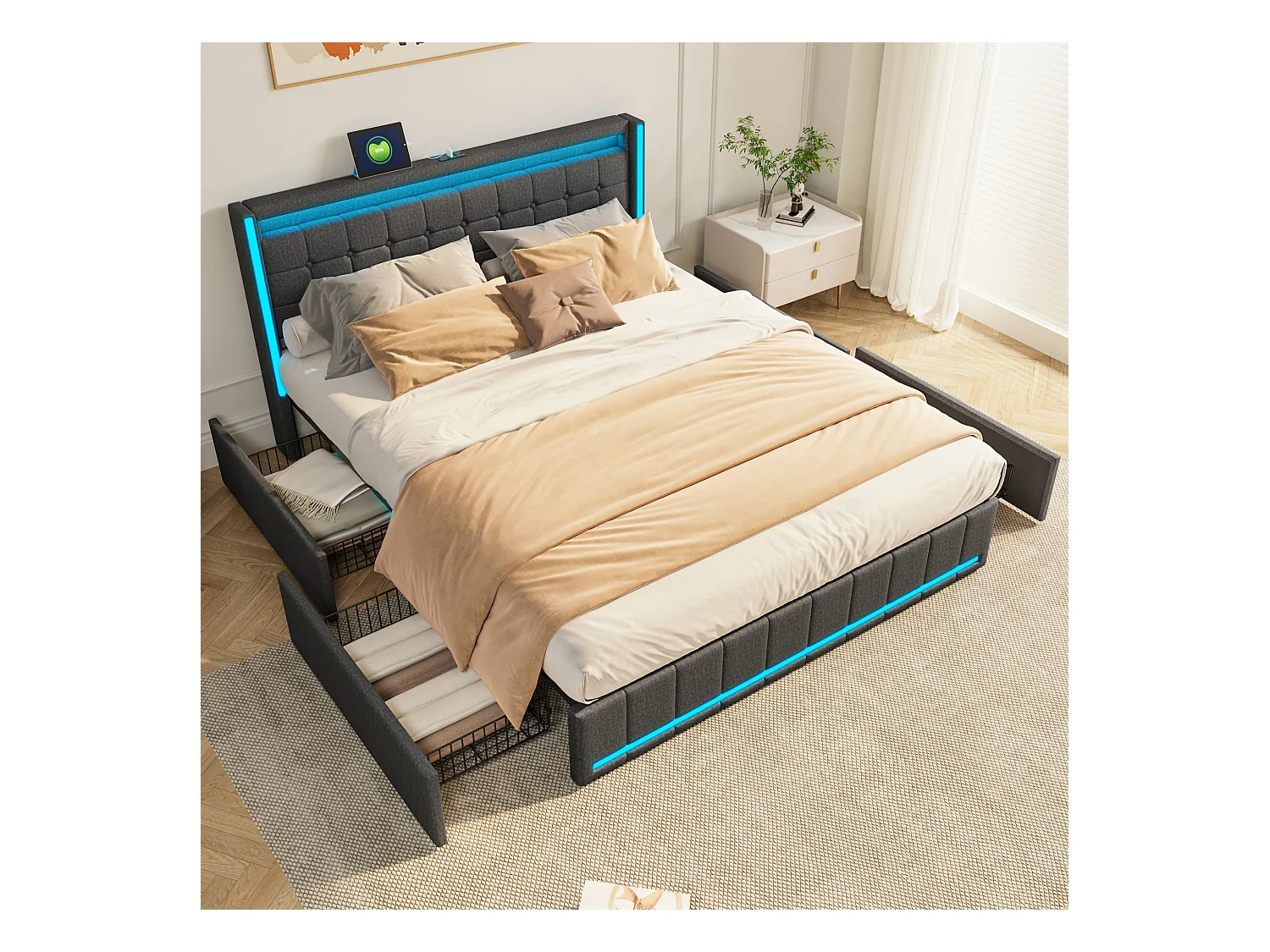 LED tweepersoonsbed 160x200cm met 6 lades en lattenbodem en hoofdbord, USB/Type C oplaadpoort, zonder matras, linnen stof, grijs