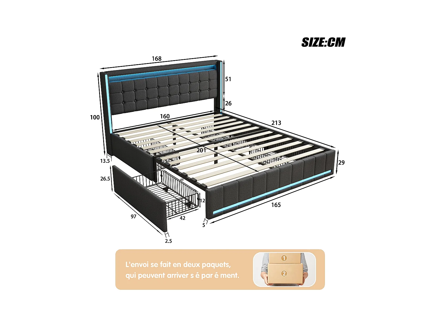 LED tweepersoonsbed 160x200cm met 6 lades en lattenbodem en hoofdbord, USB/Type C oplaadpoort, zonder matras, linnen stof, grijs