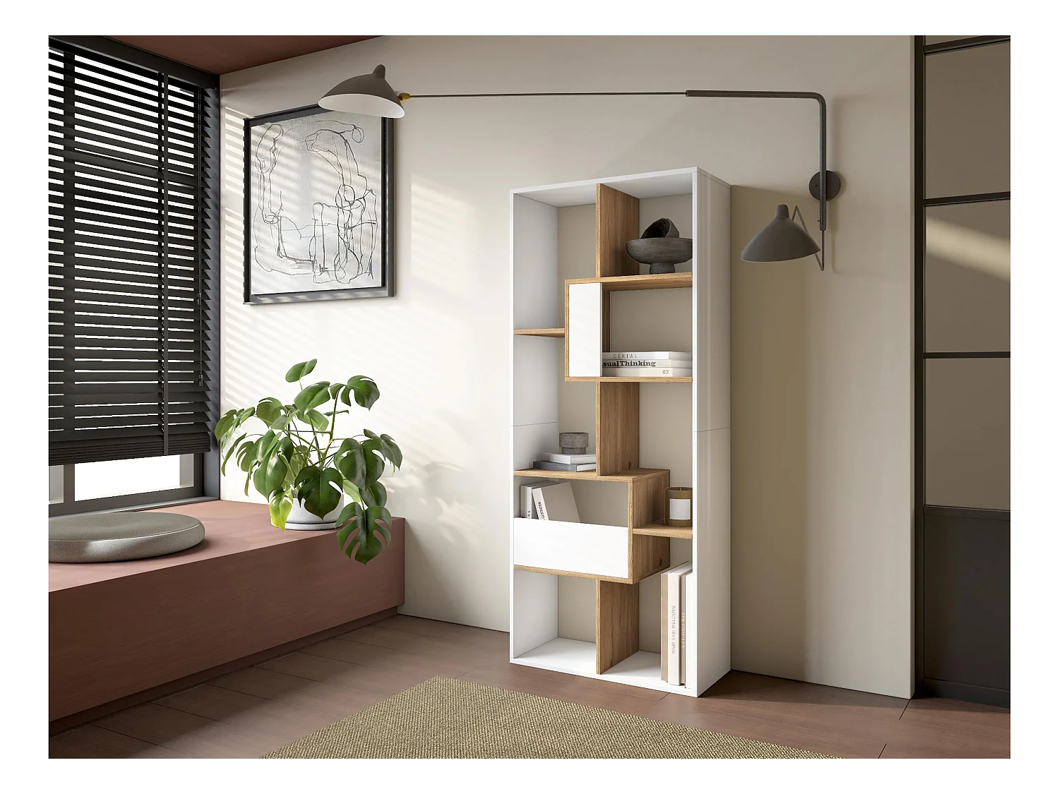 Boekenkast, Boekenplank, 162x67x31cm, Kantoorplank, Wit en Eiken