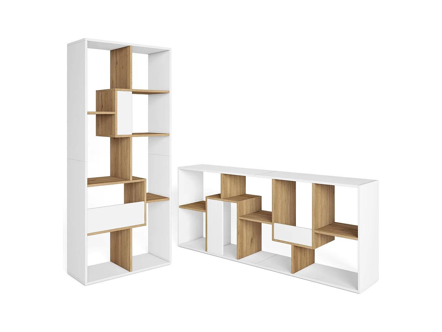 Boekenkast, Boekenplank, 162x67x31cm, Kantoorplank, Wit en Eiken